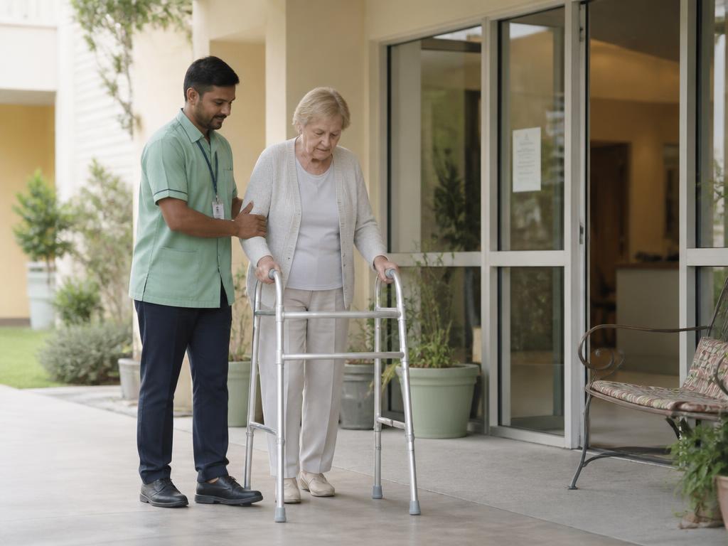 Caregiver escorting a passenger safely to a clinic entrance